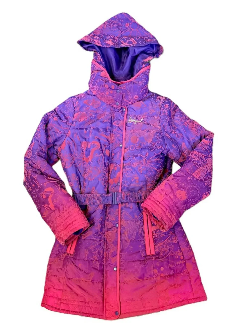 Desigual  'Hume' Ombre Quilted Puffer Coat Kids Girls 13/14 Velvet Flocked Belt